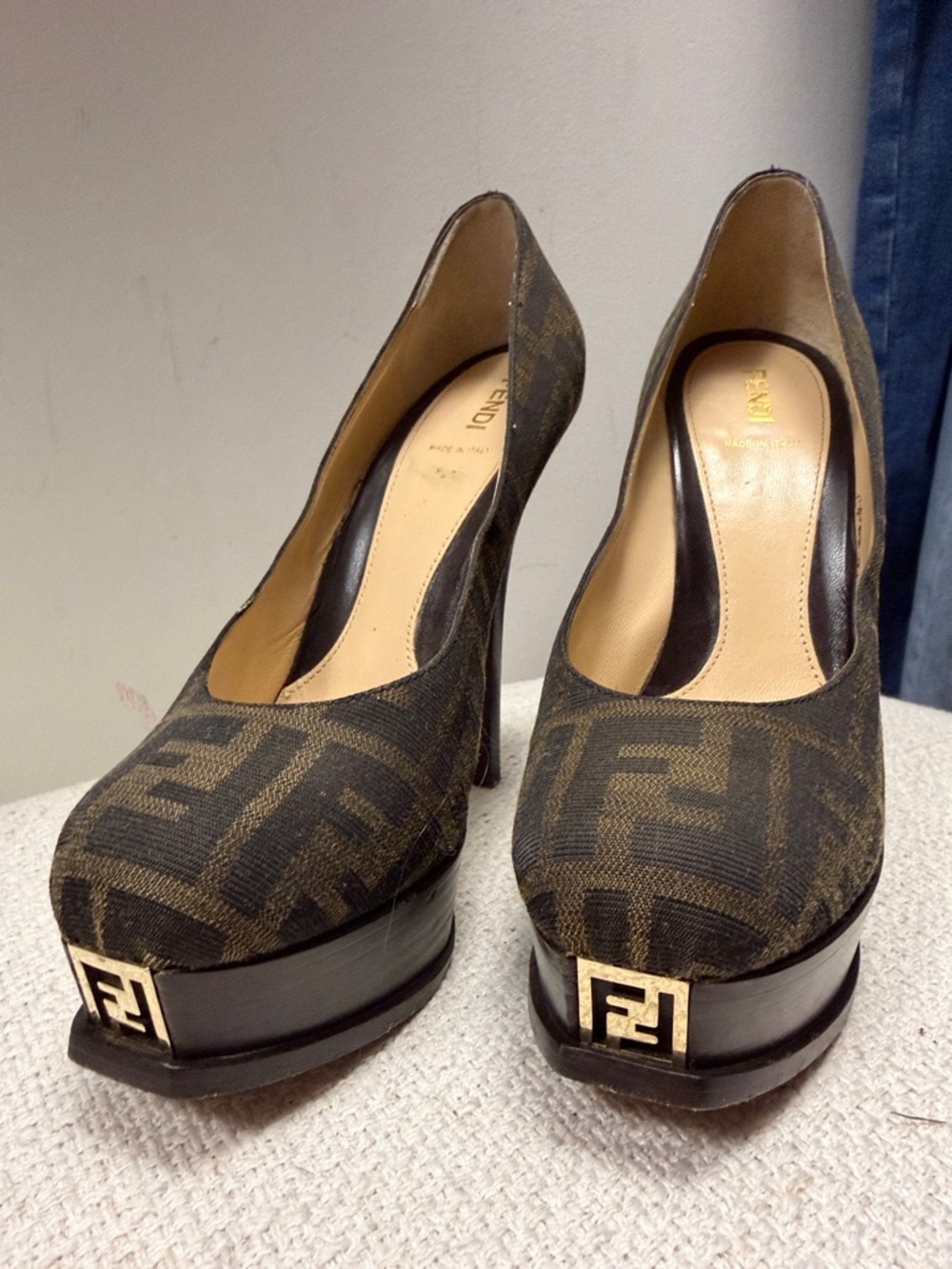 Fendi Black and Brown FF Logo Platform Pumps